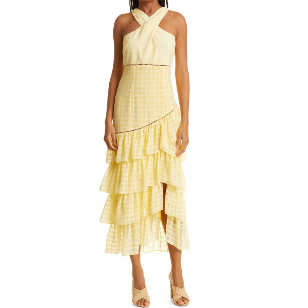 Likely yellow cream plaid Reni tiered midi dress 6 NWT